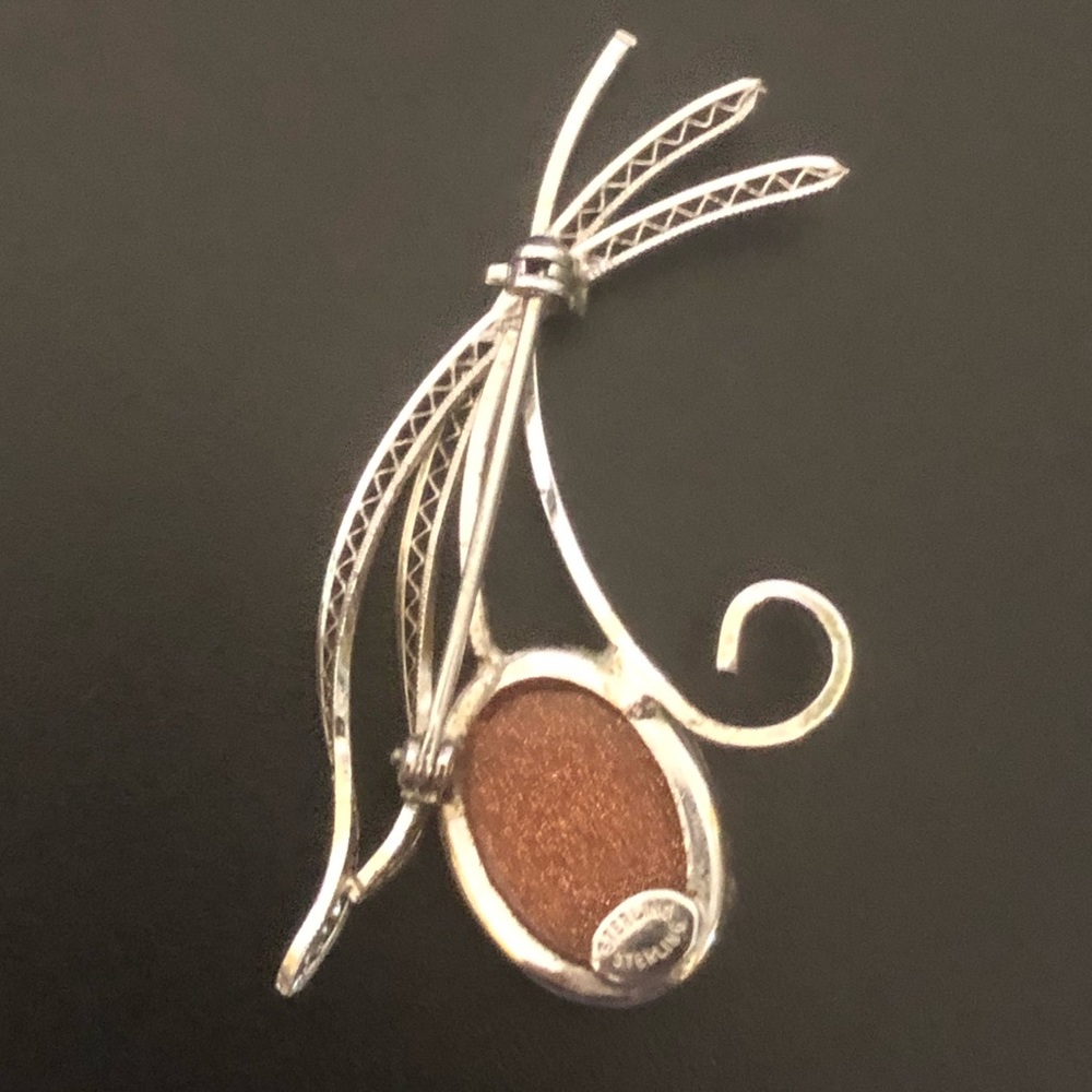 Sterling Silver Vine Brooch Pin with Orange Stone - Picture 4 of 5